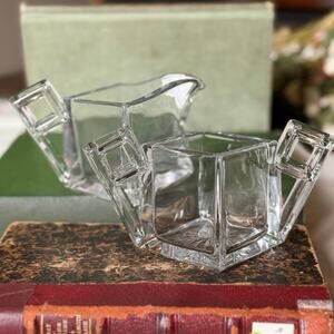 Heisey “Quator” Sugar & Creamer • Art Deco Square Glass Set • Starburst Base